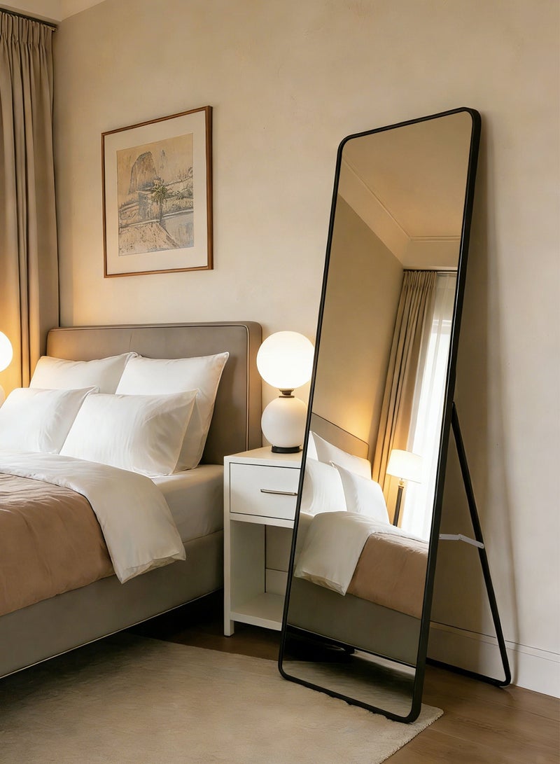 أركايوبتيركس مرآة مستطيلة كاملة الطول مقاس 150 × 40 سم مع حامل، حواف مستديرة - توضع على الأرض أو تثبت على الحائط أو توضع على الحائط، إطار أسود لغرفة المعيشة وغرفة النوم والمدخل (أسود) - Image 4